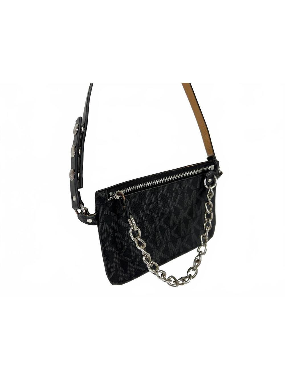 Michael Kors Small Black Monogram Chain Hip 36" Belt Bag Fanny Pack 7 x 5 Inches - Picture 1 of 7